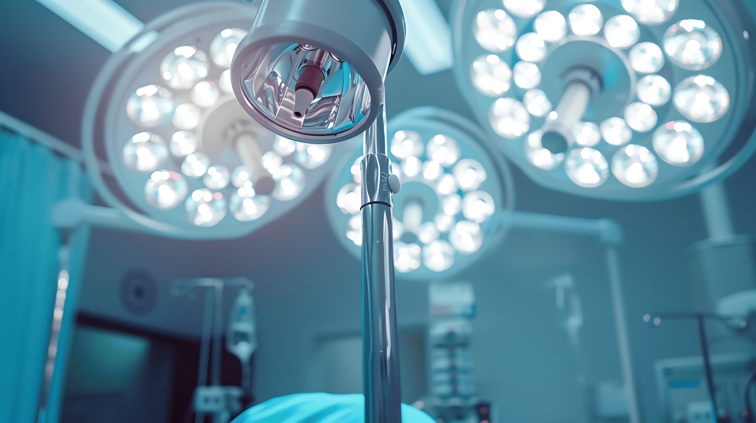 A modern surgical room equipped with bright overhead lights and advanced medical equipment, emphasizing the importance of a sterile environment for safe surgical procedures.