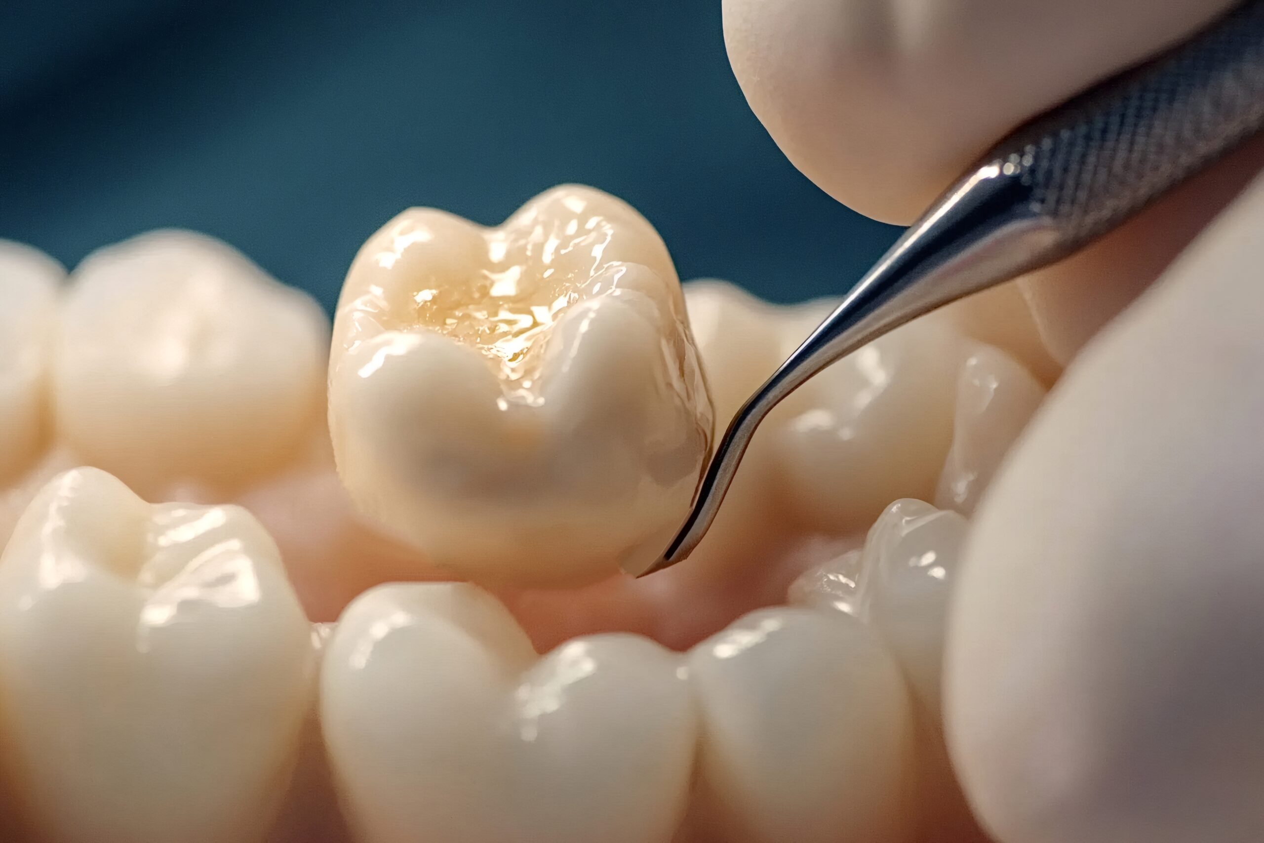 Dentist restoring a decayed tooth with dental filling and tweezers, highlighting essential dental care techniques and treatment procedures for optimal oral health and hygiene